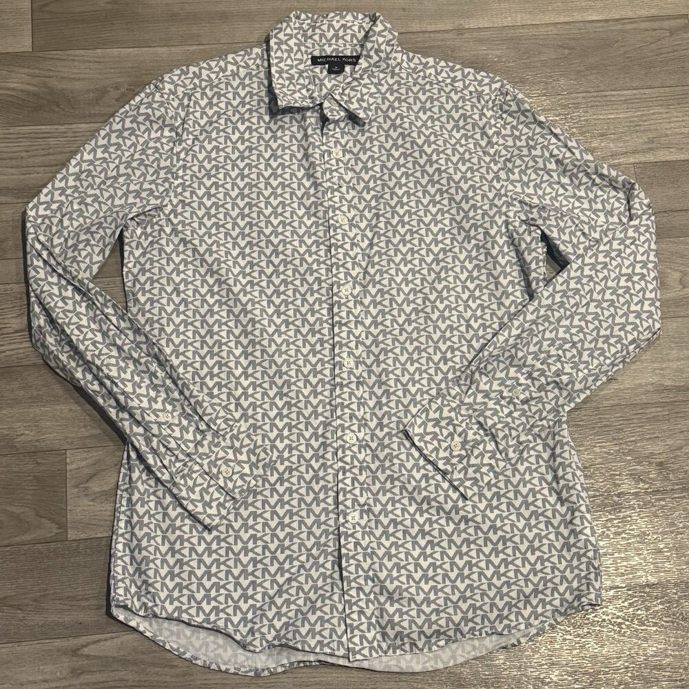 Michael Kors Mens Shirt Size M Medium White MK Monogram Logo All Over Print LS